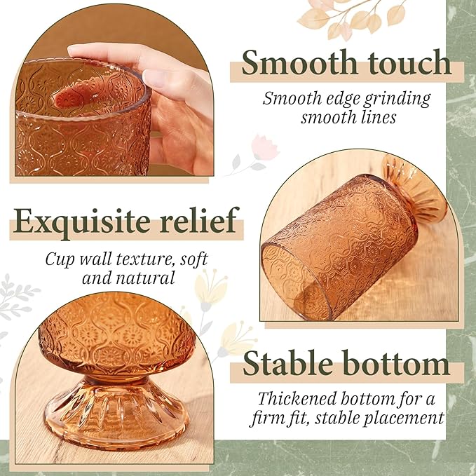 6 Pcs (H:7" W:4") Embossed Flower Vase Fall Pedestal Glass Vase Big Base Thickened Crystal Vintage Vases for Autumn Wedding Home Decor Table Centerpiece House Warming Gifts(Amber)