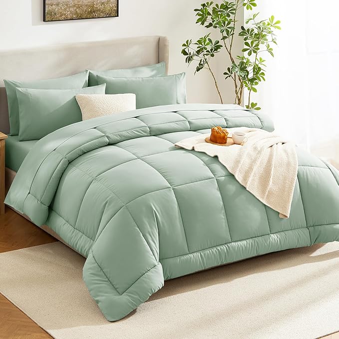CozyLux King Size Comforter Set Sage Green, 7 Pieces Bed in a Bag, Green Comforter King Size, All Season Bedding Sets with Stitch Quilted Comforter, Flat Sheet, Fitted Sheet, Pillowcases