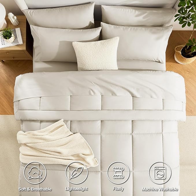 CozyLux Full Size Comforter Sets Oatmeal, 7 Pieces Bed in a Bag, Oatmeal Comforter Full Size, All Season Bedding Sets with Stitch Quilted Comforter, Flat Sheet, Fitted Sheet, Pillowcases