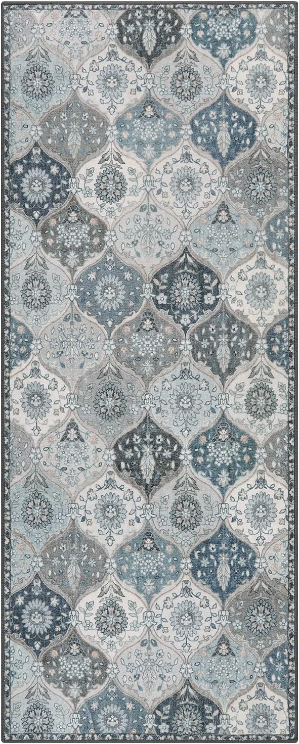 Lahome Moroccan Trellis Kitchen Runner Rug, 2x5 Washable Runners for Hallways Non Slip, Rubber Backing Ultra-Thin Vintage Carpet for Entryway Bedroom Bathroom, Blue