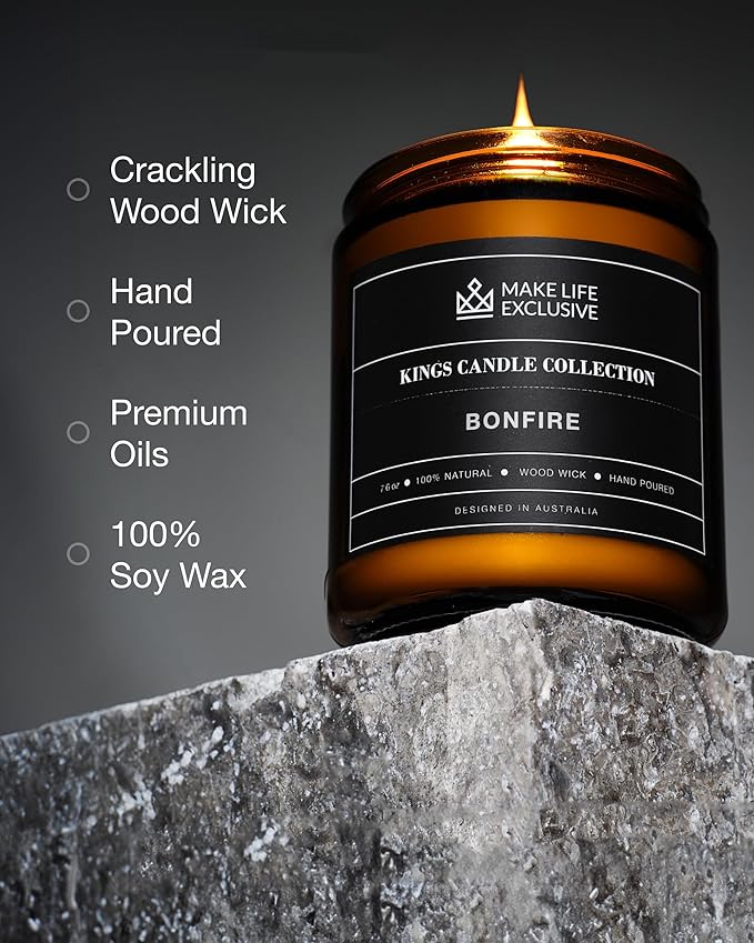 Scented Candles for Men | Bonfire, Mahogany & Teakwood Scented | Wooden Wick, Long Lasting, Masculine Scents | Natural Soy Jar Candle for Home, Bachelor Pad Decor | The Perfect Mens Gift.