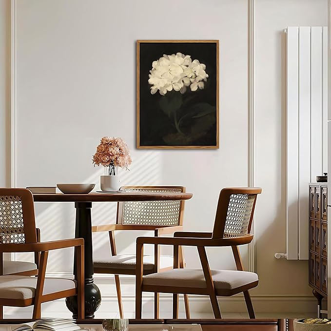 Framed Wall Art for Living Room – Vintage White Hydrangea Oil Painting Canvas Prints, Aesthetic Bedroom Wall Art, Kitchen Decor for Shelves, Bathroom Office Artwork Wall Decor – 12x16in