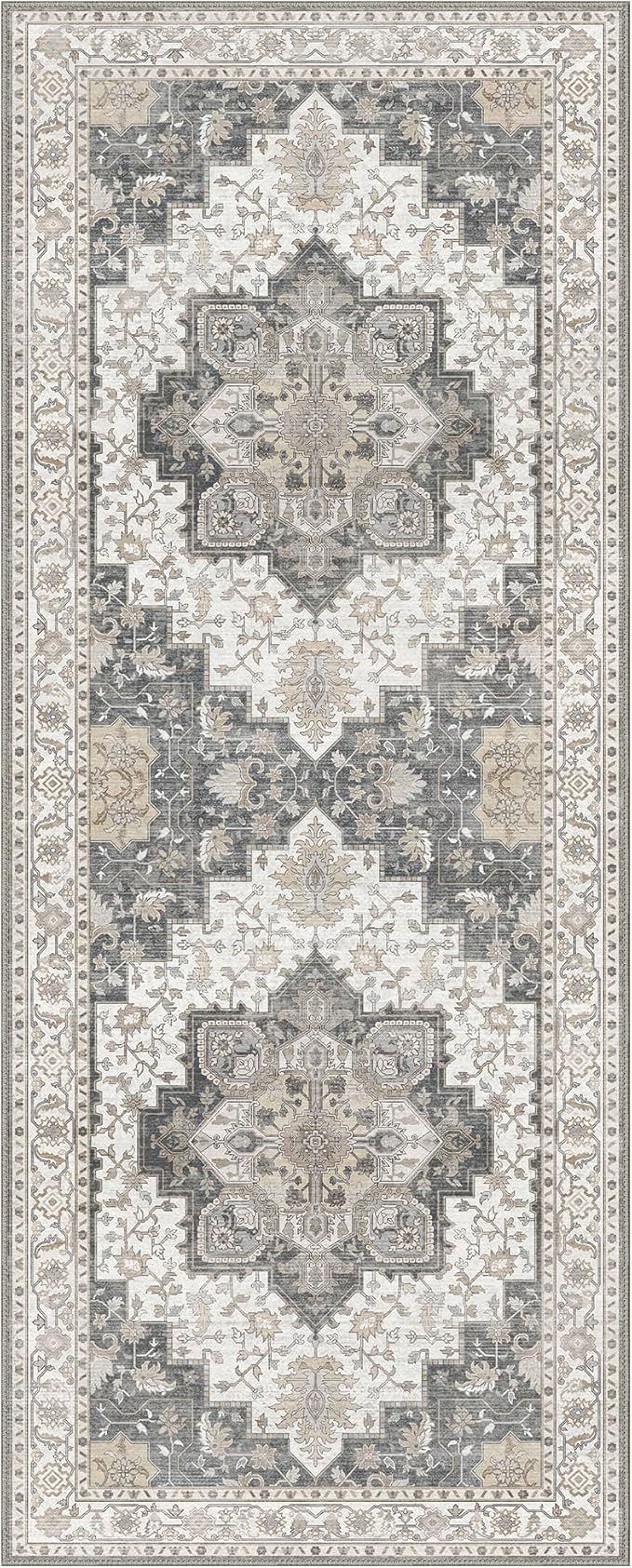 GENIMO 2x10 Runner Rugs for Hallway, Machine Washable Non Slip Vintage Rugs, Low Pile Lightweight Soft Print Rug for enrtyway, Corridor, Home Office, Kitchen, Heathered Grey