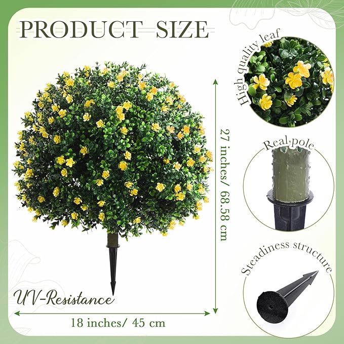 Yunlly Set of 2 Artificial Boxwood Topiary Ball Tree Fake Bushes Shrubs Outdoor Faux Plant with Ground Spike Flowers UV Resistance Greenery for Front Porch Garden Patio Indoor(Yellow,27x18inch)