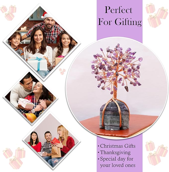 Amethyst Crystal Tree with Fluorite Rough Base Tree of Life Decor for Shelf, Bedroom, Birthday Gifts for Women, Sister Gifts, Birthday Gifts for Mom, Cute Home Decor Purple Decor Housewarming Present