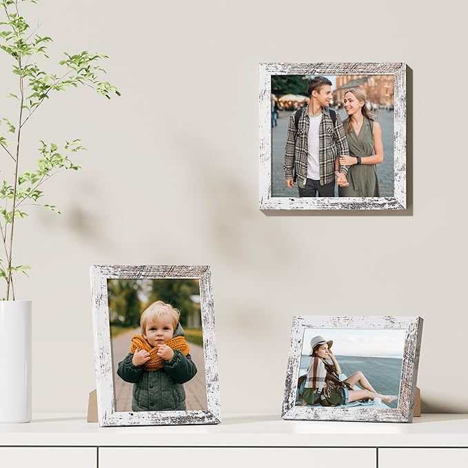 Vittanly 8x8 Picture Frames Set of 9, Shatter Resistant Plexiglass, Display 4x4 Pictures with Mat or 8x8 without Mat, Photo Frames for Wall Mount, Engineered Wood, Distressed White