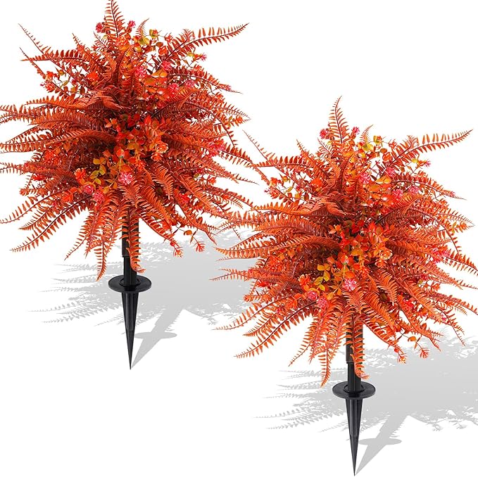 Artificial Topiary Ball Trees with Ground Spikes UV Resistant Faux Greenery Shrubs Fake Shrubs for Outdoors, Realistic Faux Plants Bushes for Garden Porch Yard Patio Decor (Orange Fern)
