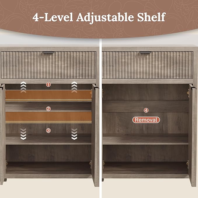 Fluted Sideboard Buffet Cabinet with Storage Drawers, 55" Large Accent Storage Cabinet with Doors and Adjustable Shelf, Modern Farmhouse Credenza for Entryway, Kitchen, Living Room - Gray