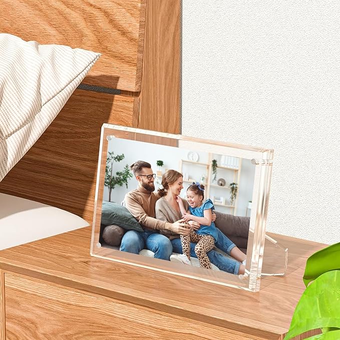 2 Pack 4x6 (Full Size:5x7) Acrylic Picture Frames With Stand, Clear Magnetic Photo Frame, Frameless Tabletop Picture Frame with Magnets for Home Office Desktop Display Horizontal or Vertical