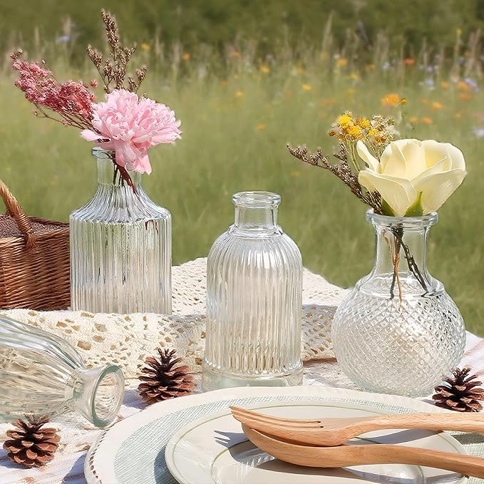 Glass Bud Vases Set of 12, Clear Small Vases for Flowers, Bulk Glass Vase for Centerpieces, Vintage Embossed Flower Vase for Wedding Table Decoration, Home, Cocktail Party