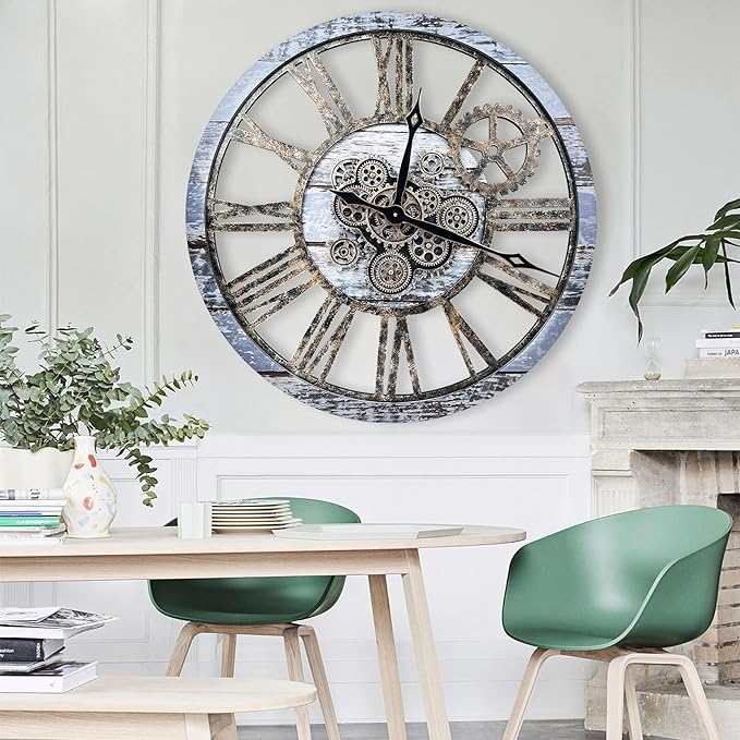 The B-Style Large Wall Clock 24 inch Moving Gear Wall Clock Oversized Vintage Farmhouse Wall Clocks for Living Room Decor Rustic Industrial Wood Clock (Aqua Green, 36 inch/90cm)