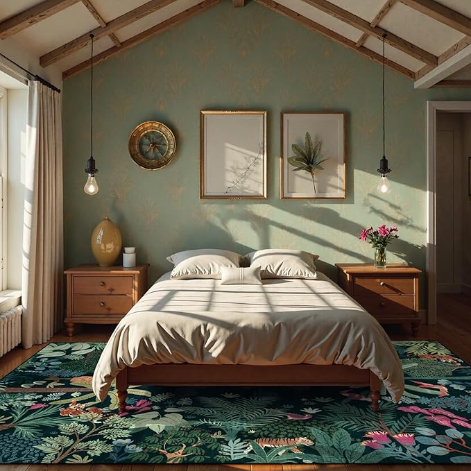 LIVEBOX Washable Jungle Dark Green Rugs 9x12 for Living Room, Stain Resistant Soft Kids Area Rugs for Bedroom, Non-Skid Modern Dining Room Rug Floor Carpet for Playroom Kids Nursery