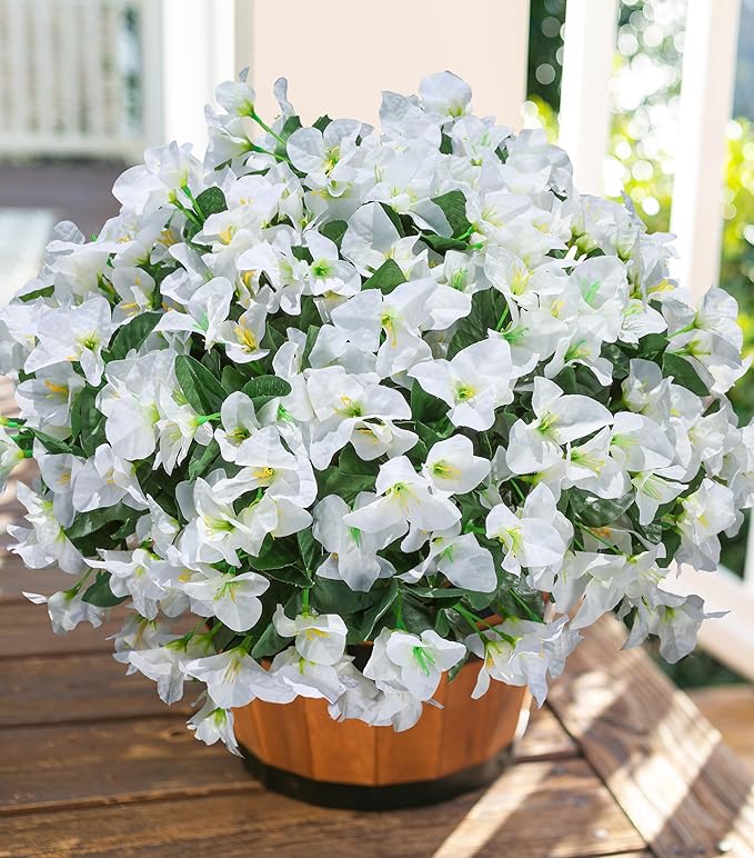 Ivydale Artificial Flowers for Outdoors, 4 Bundles Fake Bougainvillea Flower UV Resistant Silk Flowers for Outside, Outdoor Faux Plants for Planter Patio Porch Window Garden Home Decoration (White)