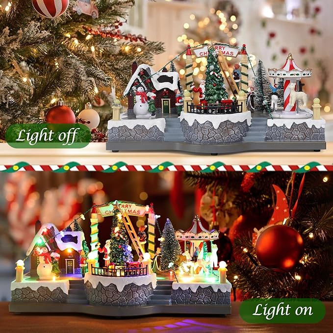 Vigdur Christmas Village Houses - Lighted Xmas Carousel & Rotating Train and 8 Xmas Songs, Christmas Animation Village Indoor Holiday Tabletop Decorations for Home Tabletop Gift