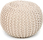 REDEARTH Round Pouf Ottoman –18"x18"x14" Hand-Knitted Cotton Pouffe –Cable Footstool –Boho Dori Hassock –Pre-Stuffed Poof – Extra Seat -Poofy Footrest for Living Room, Bedroom, Nursery, Nook –Ivory