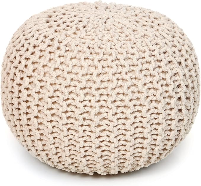 REDEARTH Round Pouf Ottoman –18"x18"x14" Hand-Knitted Cotton Pouffe –Cable Footstool –Boho Dori Hassock –Pre-Stuffed Poof – Extra Seat -Poofy Footrest for Living Room, Bedroom, Nursery, Nook –Ivory