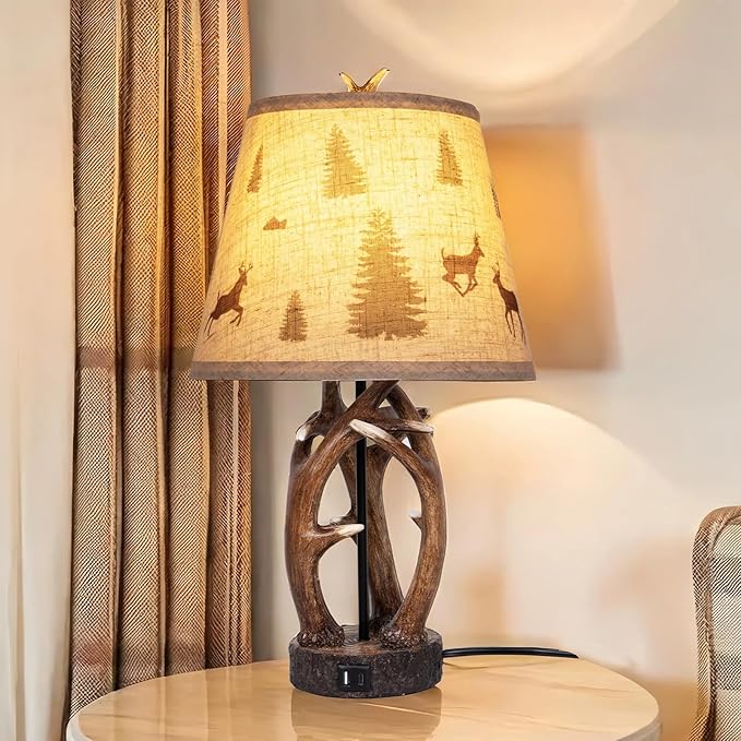 Set of 2 Rustic Western Deer Table Lamps, 26" with Nightlight & 2 USB Ports, Natural Antler Design for Bedroom, Living Room, Office & Christmas