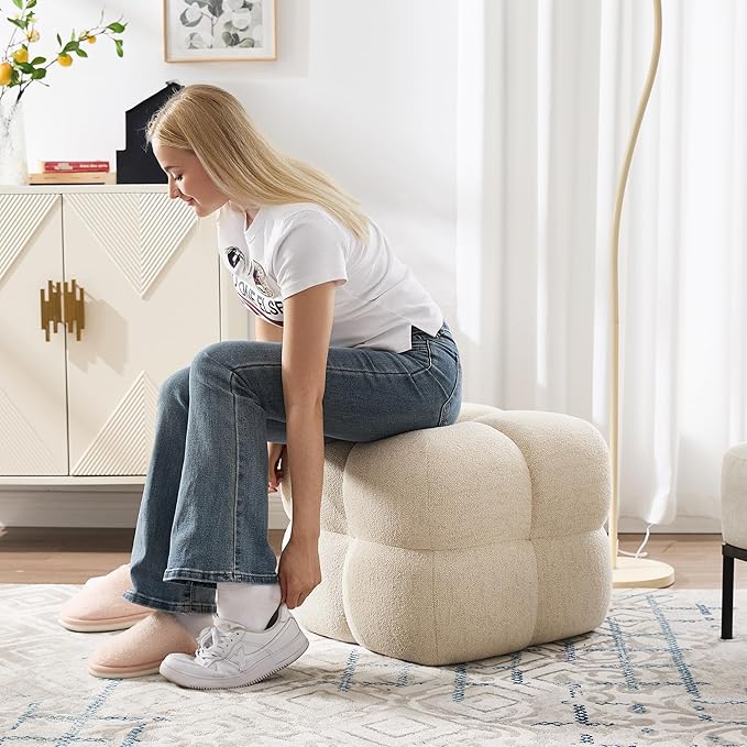 Zesthouse Square Pouf Ottoman Footstool, Modern Ottoman Coffee Table for Living Room, Beige Linen Stool Foot Rest, Upholstered Poofy Stool for Couch, Cute Vanity Chair Backless for Makeup Room Bedroom