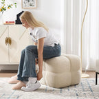 Zesthouse Square Pouf Ottoman Footstool, Modern Ottoman Coffee Table for Living Room, Beige Linen Stool Foot Rest, Upholstered Poofy Stool for Couch, Cute Vanity Chair Backless for Makeup Room Bedroom