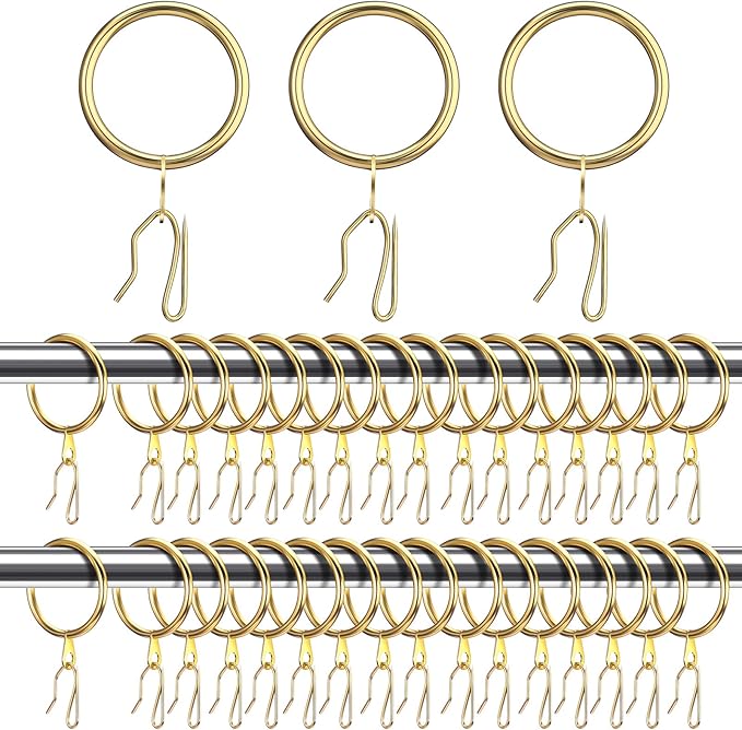 Hotop 30 Pcs Metal Drapery Curtain Rings 0.98/1.26/1.65 inch Interior Diameter and 30 Pcs Hanging Curtain Drapery Pin Hooks for Window Door Shower(25 mm,Gold)