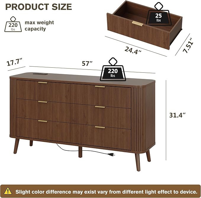 Alohappy Fluted 6 Drawer Dresser with Charging, 57" Wide Wood Dresser TV Stand, Mid Century Modern Long Dressers with Curved Profile Design for Closet, Bedroom Living Room, Hallway, Home Office