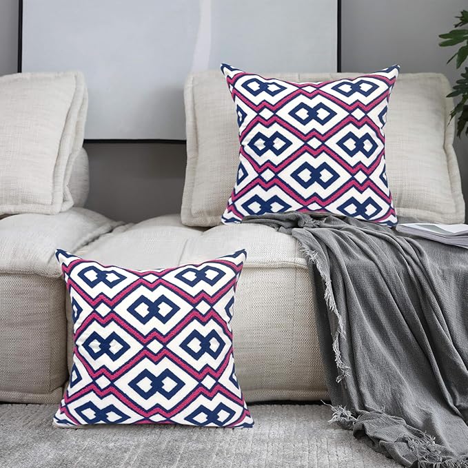 Alysheer Embroidered Decorative Throw Pillow Cover 18"x 18" Set of 2, Classic Boho Geometric Embroidery Pattern Cotton Rectangular Cushion Case for Sofa Couch Living Room Bedroom (Blue Pink)