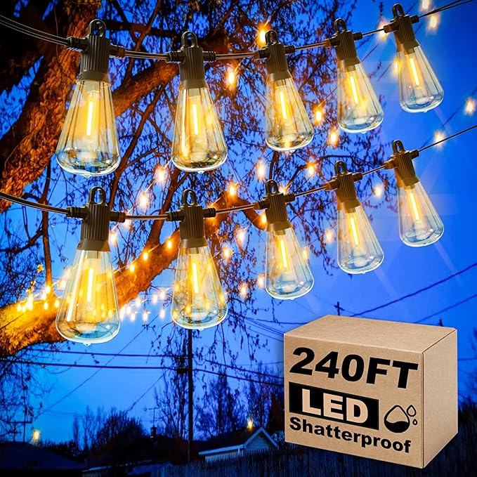 Outdoor Patio String Lights, 240FT LED with 120+4 ST38 Vintage Edison Bulbs, Waterproof Connectable Hanging Lights for Outside Backyard Bistro Porch (120FTx2)