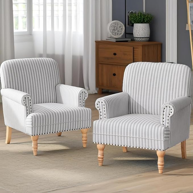 HUIMO Linen Fabric Accent Chairs Set of 2, Mid-Century Modern Armchair with Solid Wood Legs, Single Sofa Chair,Upholstered Reading Club Chair (2, Light Grey and White Stripe)
