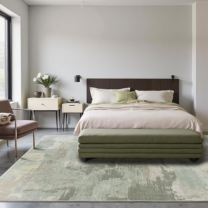 Area Rugs 8x10 for Living Room Bedroom, Modern Abstract Machine Washable Large Soft Sage Green Rug, Low Pile Floor Carpet with Non Slip Backing for Dining Room, Light Sage Mint Green