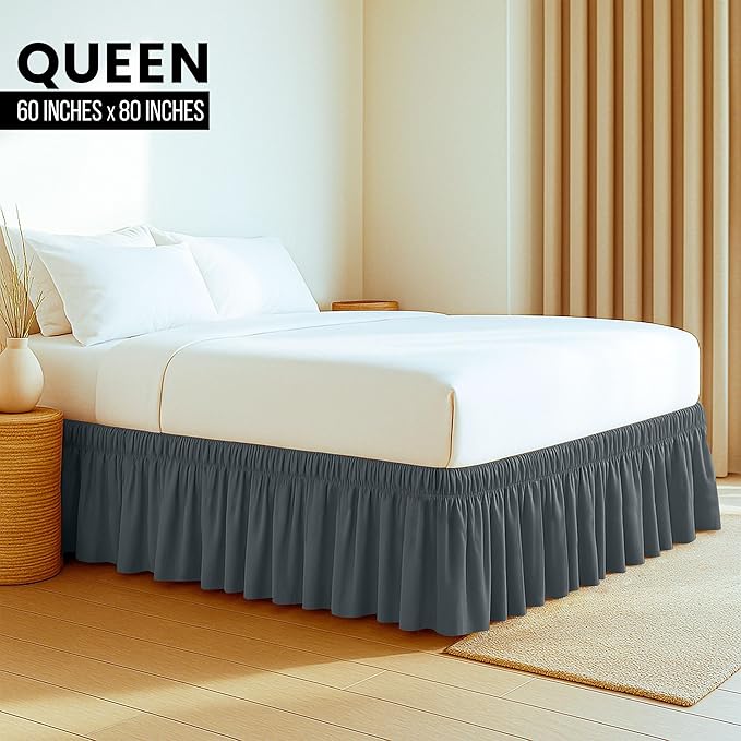 Utopia Bedding Queen Elastic Bed Ruffle - Easy Wrap Around Ruffle - Microfiber Bed Skirt with Adjustable Elastic Belt 16 Inch Tailored Drop - Hotel Quality Bedskirt, Fade Resistant (Queen, Grey)