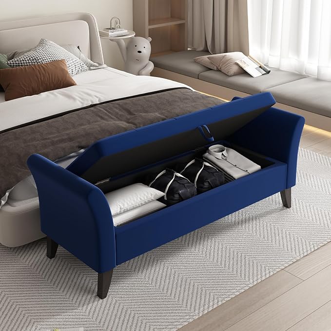 Furniliving Storage Ottoman Bench, Velvet Benches End of Bed Bench with Solid Wood Legs Upholstered Ottoman Bench with Storage Indoor Bench for Living Room with Rolled Arm, Entryway, NavyBlue