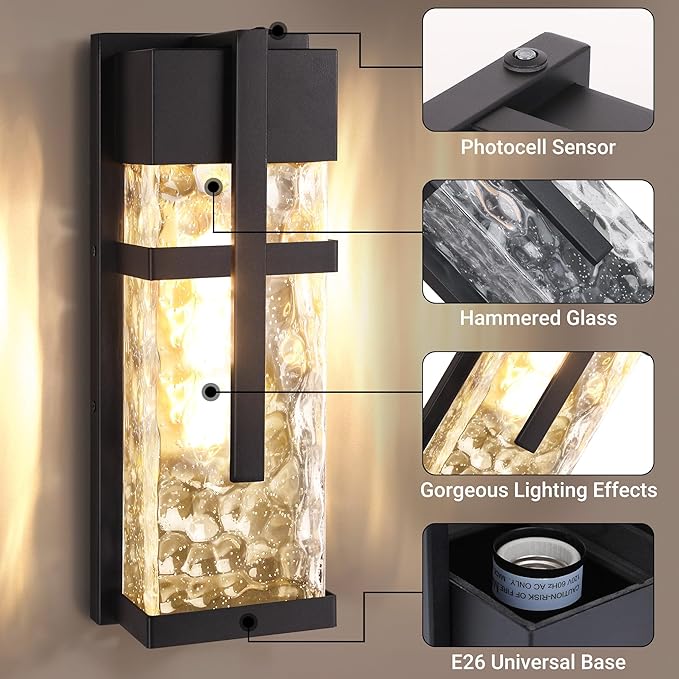 Hammered Glass Outdoor Wall Lantern, Dusk to Dawn Wall Sconce Lighting, 2 Pack Outdoor Light Fixtures, Exterior Porch Light with Waterproof, Modern Wall Lamp for Garage, Doorway, Patio(Bulb Included)