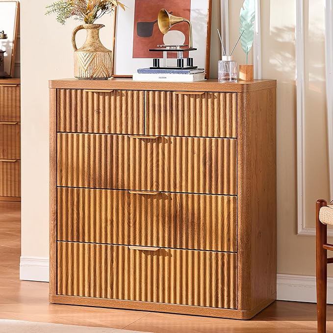 LEYAOYAO Fluted 5 Drawers Dresser for Bedroom Set of 2, 34" Tall Modern Chest of Drawers with Metal Handle, Curved Profile Design,Brown Wood Drawer Organizer for Bedroom, Living Room, Hallway