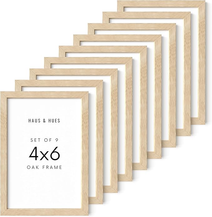 HAUS AND HUES Square Picture Frames 4 x 6 Set of 9 - Photo Gallery Wall Frame Set, Wood 4x6 Frames, 4 x 6 Frames Gallery Wall Set, 4x6 Frame with Mat, Square Frames 4x6 (Beige Oak Frames)