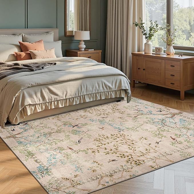 jinchan Botanical Birds 8x10 Beige Area Rugs for Living Room Washable Non Slip Soft Nature Plants Modern Carpet Vintage Ultra Thin Low Pile Indoor Rug for Bedroom Dining Room Nursery Playroom