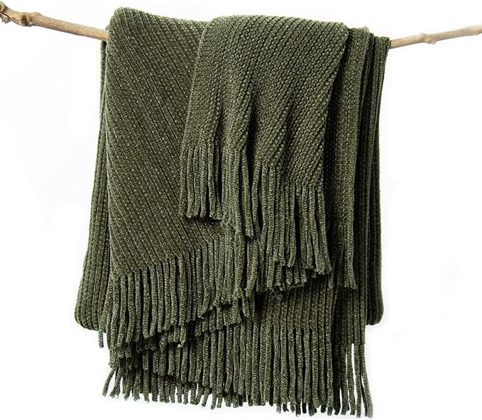 lifein Throw Blanket for Couch, Soft Green Boho Decor Bed Throw,Cozy Knitted Chenille Farmhouse Lightweight Throw for Spring(Olive Green,50 * 60")