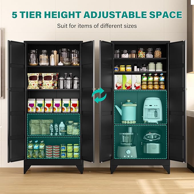 Metal Storage Cabinets with 2 Doors and 5 Shelves,Tall Storage Cabinet,Large Cupboard Closet,Pantry Storage Cabinet for Home,Office,Bathroom,Dining/Living Room (Black, 72" H)