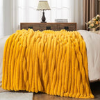 NEWCOSPLAY Faux Fur Throw Blanket Mustard Yellow 3D Ribbed Plush Thick Warm Blanket for Couch Sofa Bed 850GSM (Mustard Yellow Ribbed, Throw(50"x60"))