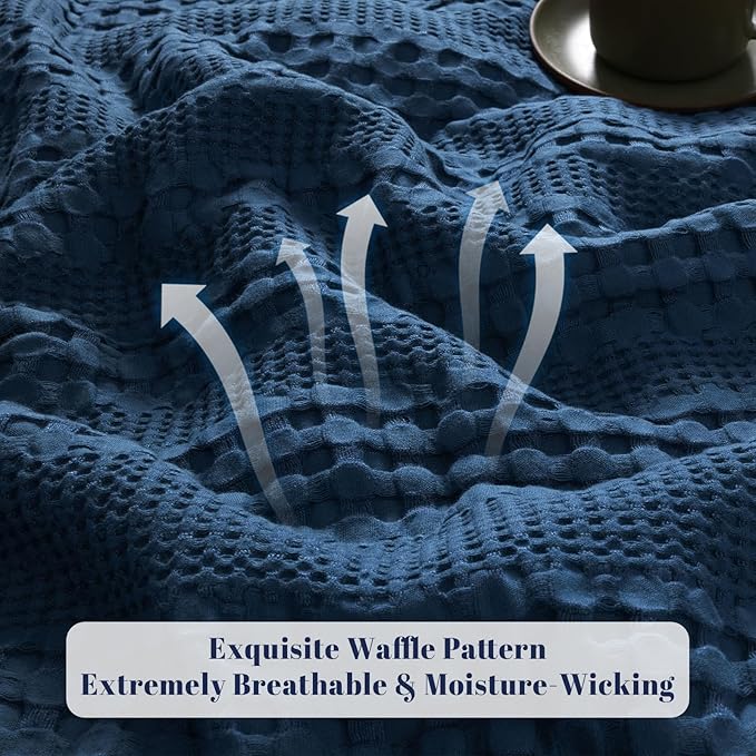 PHF Cooling Waffle Blanket Queen Size, Lightweight 60% Rayon Derived from Bamboo & 40% Cotton Breathable Blanket for Hot Sleepers, Soft and Luxury for Bed Couch and Sofa, 90"x90", Navy Blue