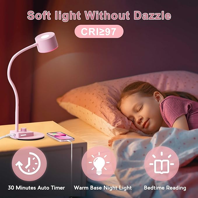 Cute Desk Lamp with USB C + A Charging Port, 5 Colors Dimmable Reading Lamps, Minimalist Pink Lamp for Kids, Eye Care Metal Bedside Table Lamp with Timer Flexible Gooseneck Desk Light for Home Office