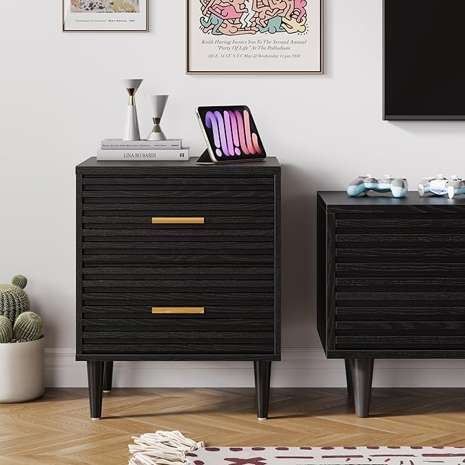 Alohappy Fluted Nightstands Set of 2, Mid Century Bedside Table for Bedroom, End Table with 2 Drawers, Modern Bed Side Table with Storage Vintage Wood Accent Table for Living Room, Black 2pcs