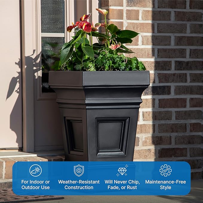 Step2 Atherton Square Planter, Large Planters for Outdoor Plants, Gardening and Flower Pot for Patio or Porch, Efficient Drainage, Durable Plastic, Onyx Black