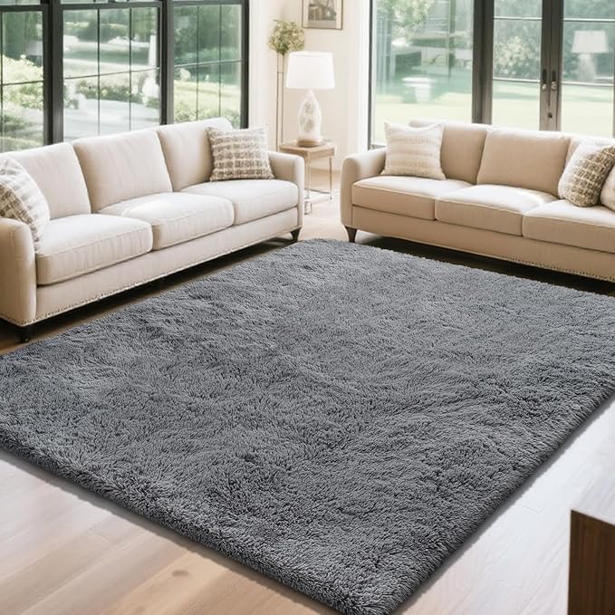 Fluffy Rug Shaggy Area Rug, Dark Grey 4x6 Area Rugs for Bedroom, Small Bedside Rug, Soft Fluffy Shaggy Entryway Throw Rugs for Living Room Bedroom Kids Room Home Decor