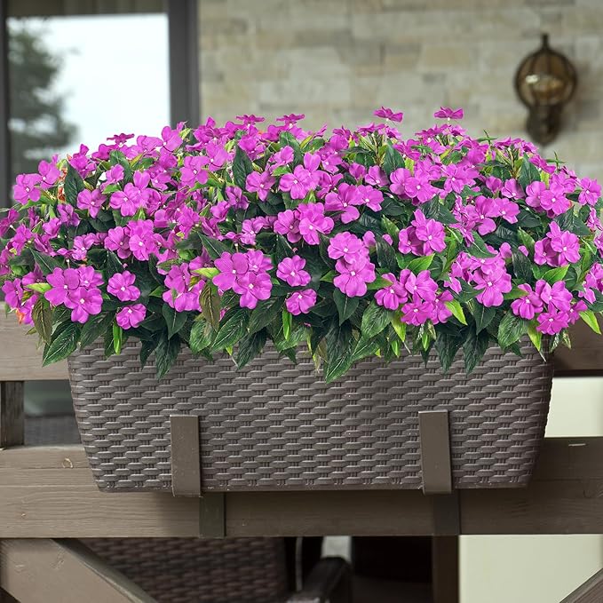 UUqueeten15.7” Fall Decorations for Home Fake Fall Flowers Fake Plants Artificial Impatiens Bouquet Flowers for Outdoors Silk Faux Flowers Impatiens Plants Decor Indoor Planters 8PCS (Purple)