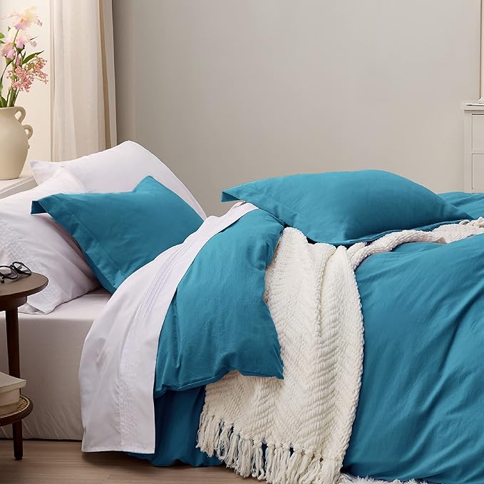 Bedsure Teal Duvet Cover Queen Size - 3 Pieces Prewashed Cotton-Like Extra Soft Bedding Set, Includes 1 Duvet Cover 90x90 Inches with Zipper Closure & 2 Pillow Shams, Comforter Not Included