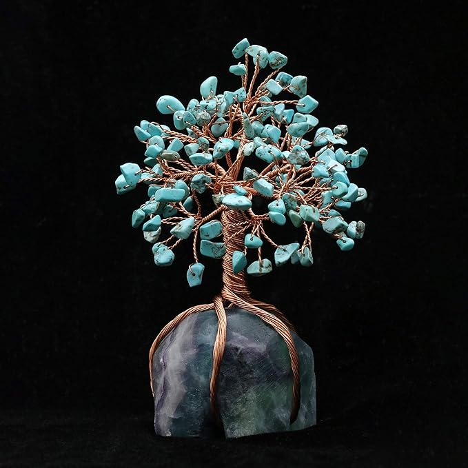 Crocon Howlite Green Turquoise Gemstone Money Tree with Fluorite Rough Wire Wrapped Base | Feng Shui Bonsai | Ornament Figurine | Chakra Balancing | Reiki Crystal Healing | Spiritual | Decor Size 5-6"