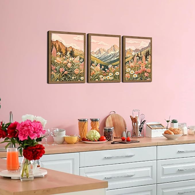 MUWAK Framed Mountain Landscape Canvas Wall Art Set of 3 – Rustic Wildflower and Sunset Nature Prints, Boho Floral Artwork Wall Decor with Wooden Frame for Living Room Bedroom Home Decor – 12x16in