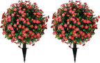 Sunnyglade Set of 2 Artificial Boxwood Topiary Ball Trees with Red Flower, Faux Shrub Bushes with Ground Spike 25.5", UV Resistant Fake Boxwood Plants for Indoor, Garden, Porch, Patio Decor (Red)