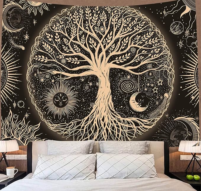 FORATER Tree of Life Tapestry Wall Hanging Sun Moon Stars Tapestries Aesthetic Galaxy Wall Tapestry Nature Home Decoration for Living Room Bedroom(36 x 48 Inch, Black and Gold)