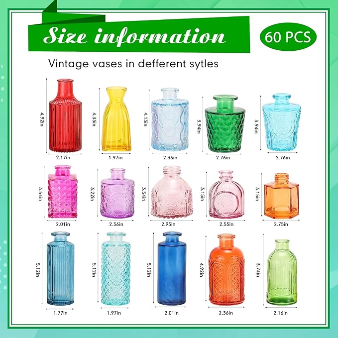 Yaomiao 60 Pcs Vases Bulk Colored Flower Glass Vases Bud Vintage Colored Glass Bottles Colorful Rustic Embossed for Home Wedding Table Decorations Gifts(Vivid Color)